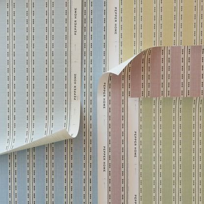 Hazel Chamomile striped wallpaper swatches in blue, green, and blush, made to order in the USA with short lead times