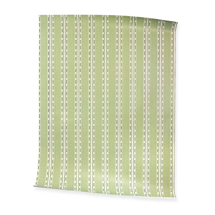 Hazel Matcha green and ivory striped wallpaper, made to order in the USA with short lead times
