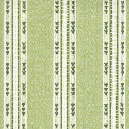 Hazel Matcha green and ivory striped wallpaper with leafy details, made to order in the USA with short lead times