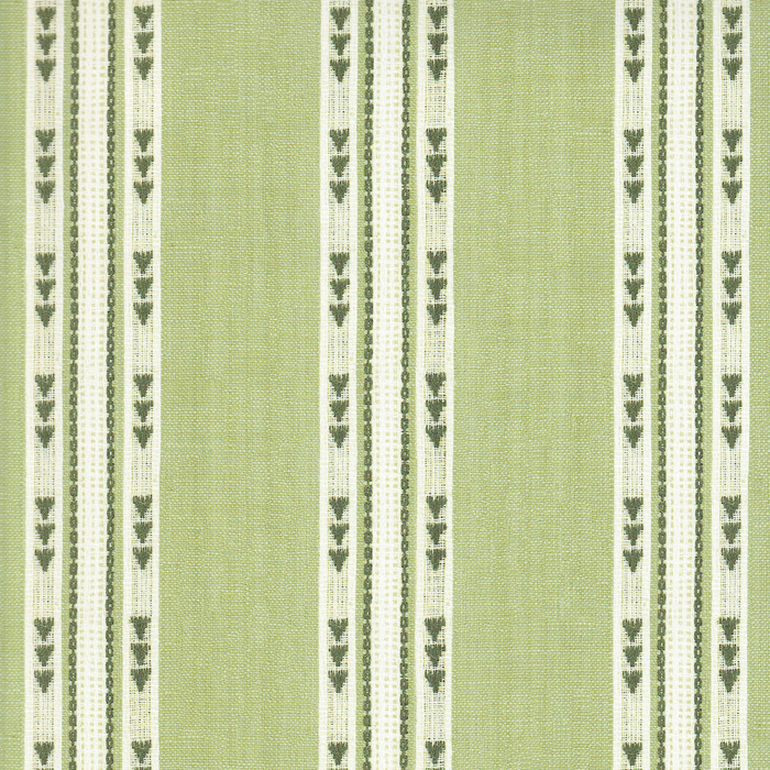 Hazel Matcha green and ivory striped wallpaper with leafy details, made to order in the USA with short lead times
