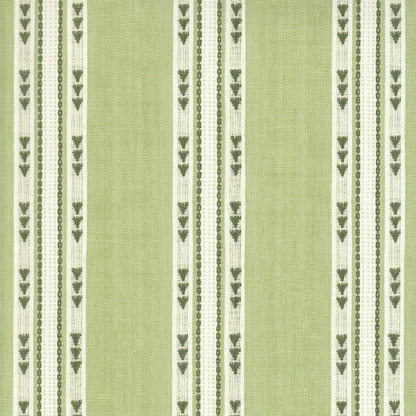 Hazel Matcha green and ivory striped wallpaper with leafy details, made to order in the USA with short lead times