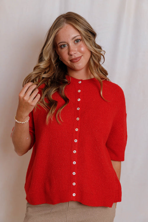 Red Short Sleeve Button Down Cardigan - Women's Soft Lightweight Ribbed Knit Sweater- Things Between Cardigans