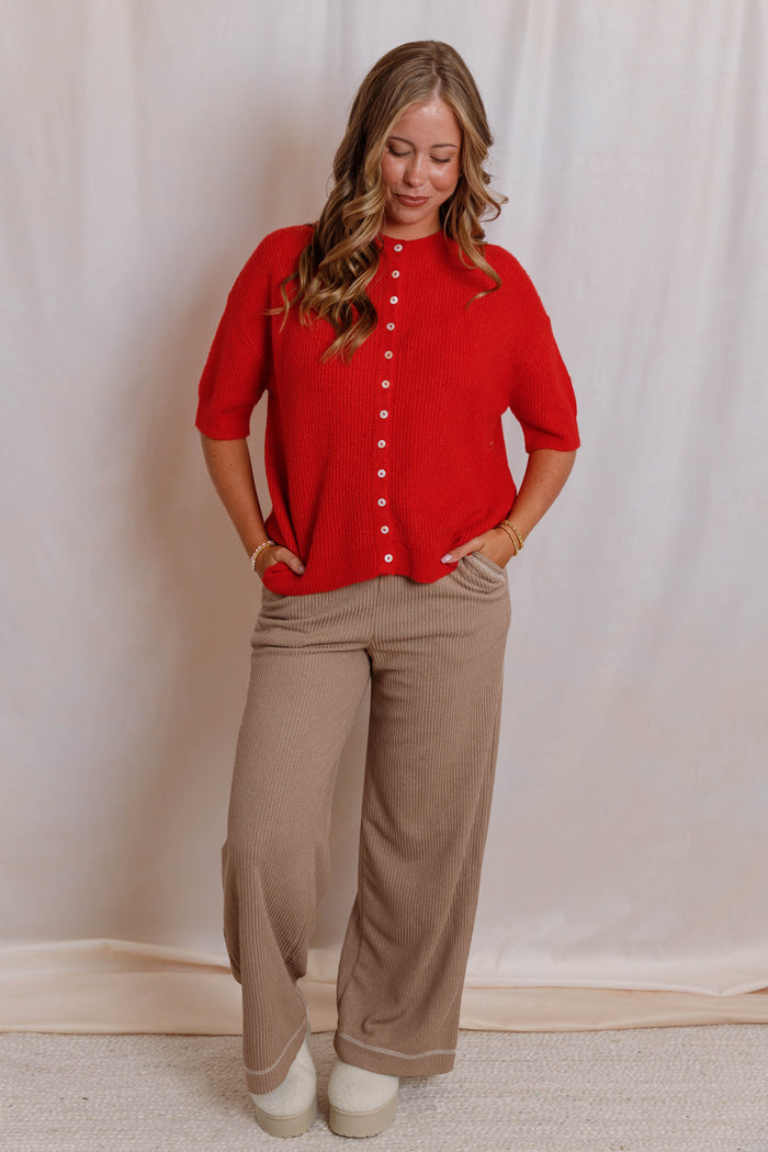 Red Short Sleeve Button Down Cardigan - Women's Soft Lightweight Ribbed Knit Sweater- Things Between Cardigans