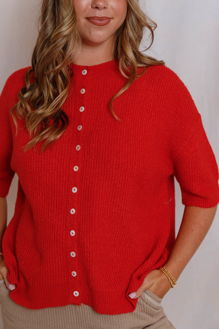 Red Short Sleeve Button Down Cardigan - Women's Soft Lightweight Ribbed Knit Sweater- Things Between Cardigans