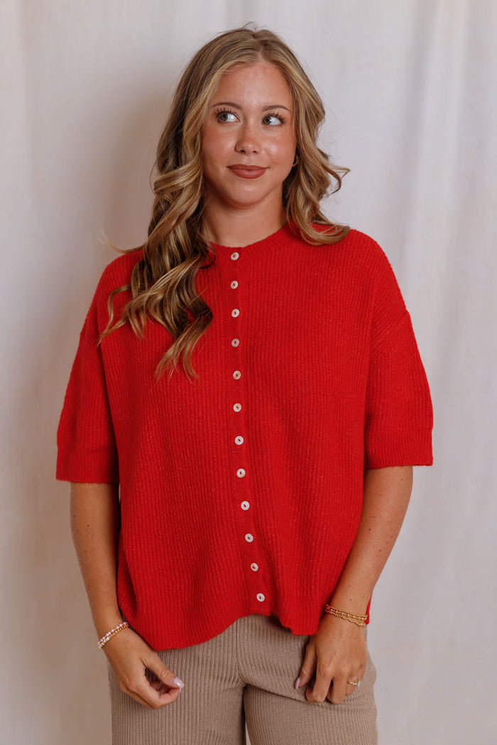 Red Short Sleeve Button Down Cardigan - Women's Soft Lightweight Ribbed Knit Sweater- Things Between Cardigans