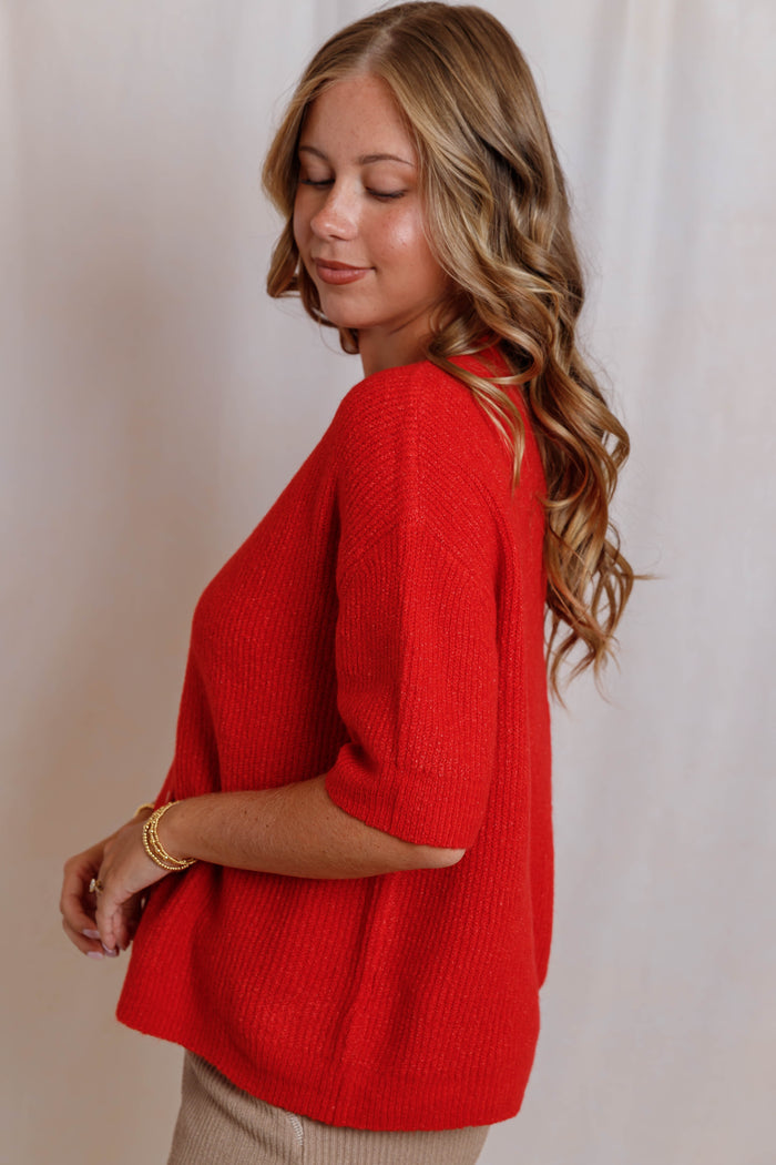 Red Short Sleeve Button Down Cardigan - Women's Soft Lightweight Ribbed Knit Sweater- Things Between Cardigans