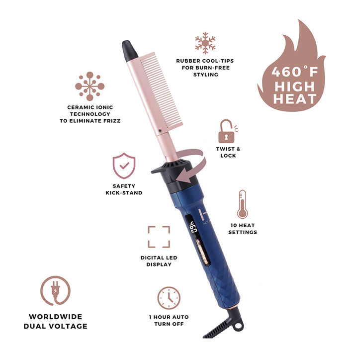 ANNIE 4-in-1 ceramic hair styler blue diamond textured handle hot tool with comb attachment digital LED display