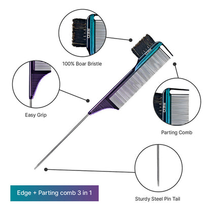 #Hh111 100% Boar Bristle 3-In-1 Edge & Parting Comb [Carbon Fiber] [Pin Tail]