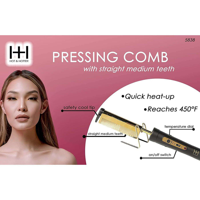 Hot & Hotter Electric Pressing Comb Medium Straight Teeth, 1 Count, Black