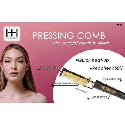 Hot & Hotter Electric Pressing Comb Medium Straight Teeth, 1 Count, Black