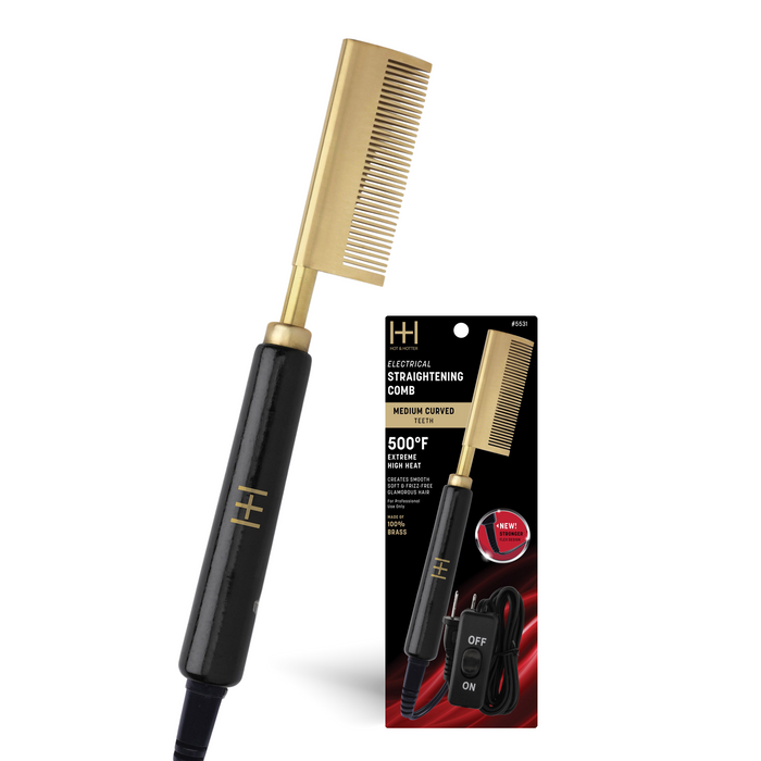Hot & Hotter Electric Straightening Comb Medium Curved Teeth, 1 Count, Black & Gold