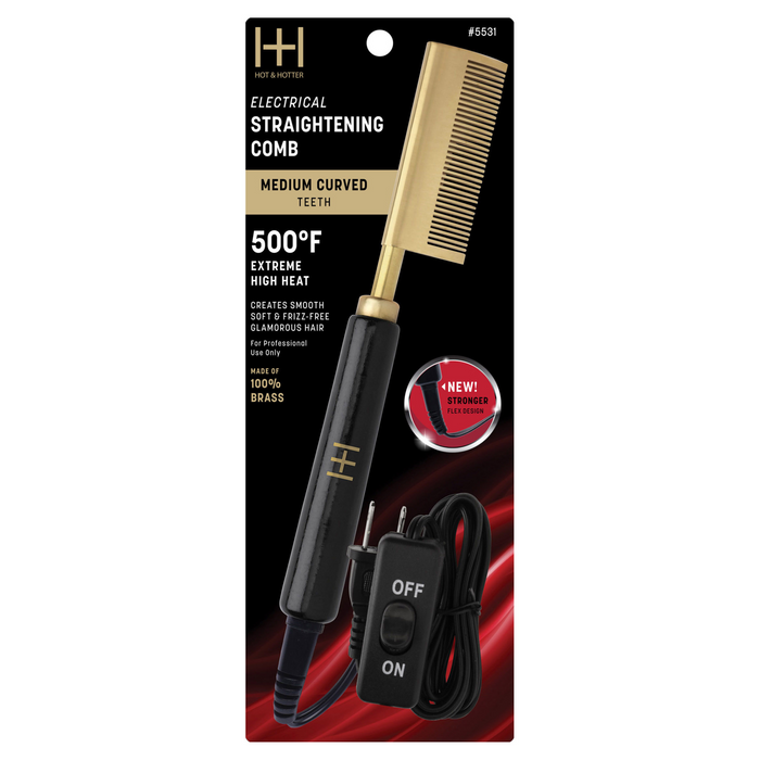 Hot & Hotter Electric Straightening Comb Medium Curved Teeth, 1 Count, Black & Gold