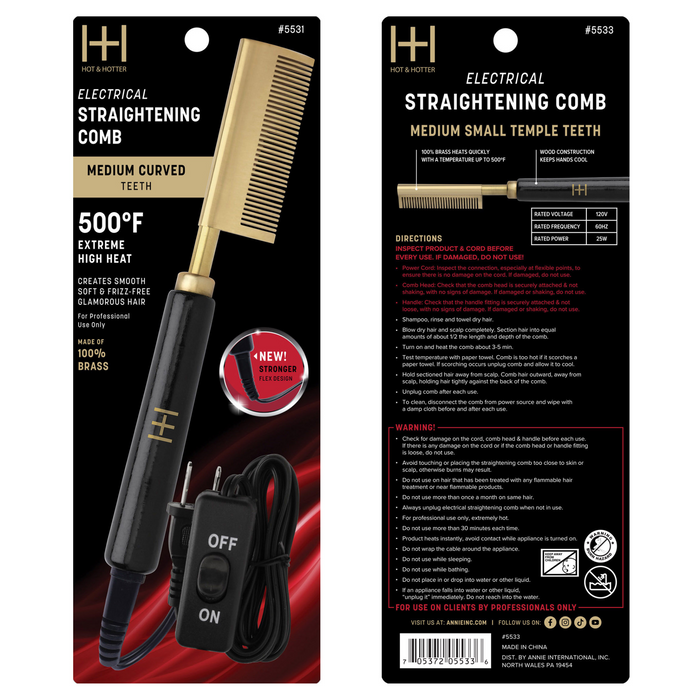 Hot & Hotter Electric Straightening Comb Medium Curved Teeth, 1 Count, Black & Gold