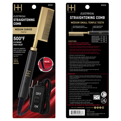 Hot & Hotter Electric Straightening Comb Medium Curved Teeth, 1 Count, Black & Gold