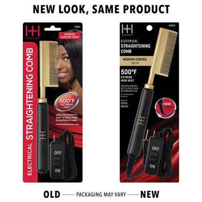 Hot & Hotter Electric Straightening Comb Medium Curved Teeth, 1 Count, Black & Gold
