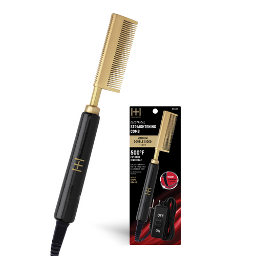 Hot & Hotter Electric Straightening Comb Medium Double Sided Teeth, 1 Count, Black & Gold