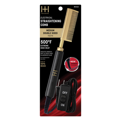 Hot & Hotter Electric Straightening Comb Medium Double Sided Teeth, 1 Count, Black & Gold