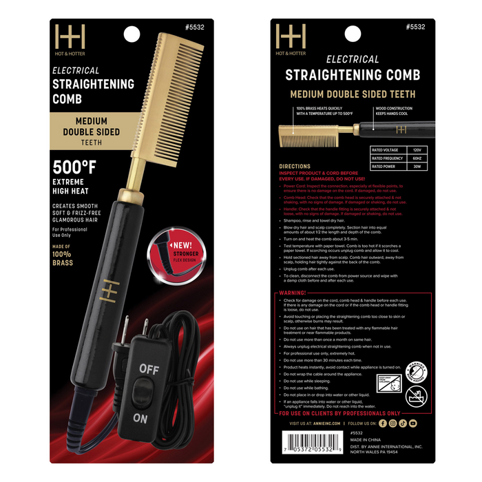 Hot & Hotter Electric Straightening Comb Medium Double Sided Teeth, 1 Count, Black & Gold
