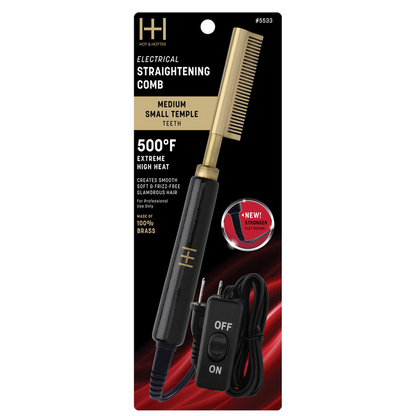 Hot & Hotter Electric Straightening Comb Medium Teeth Small, 1 Count, Black & Gold