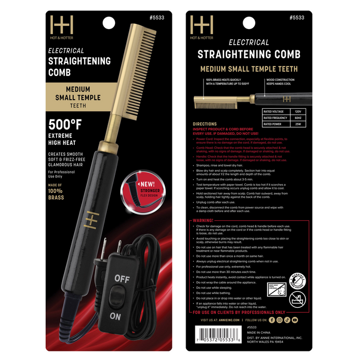 Hot & Hotter Electric Straightening Comb Medium Teeth Small, 1 Count, Black & Gold