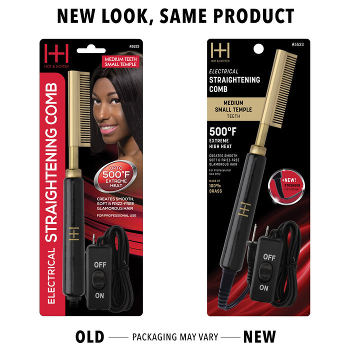 Hot & Hotter Electric Straightening Comb Medium Teeth Small, 1 Count, Black & Gold