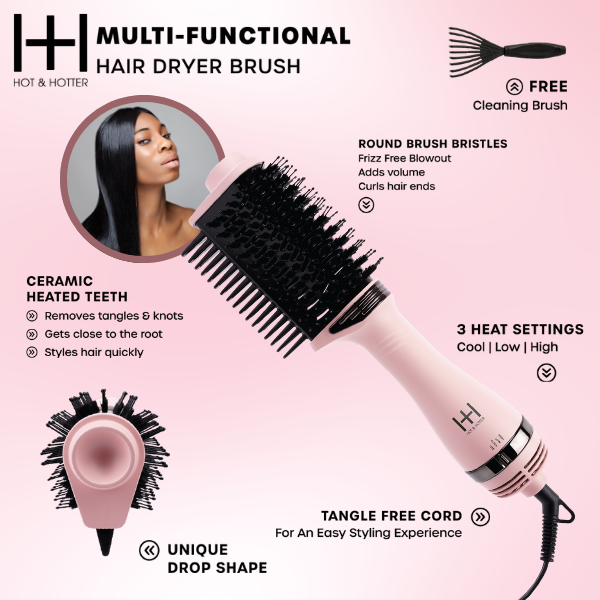 Hot & Hotter Multi-Functional Hair Dryer Brush with Comb, Pink