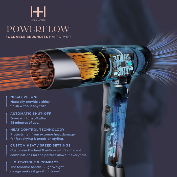 Hot & Hotter Powerflow Foldable Brushless Hair Dryer, 1 Count, Blue