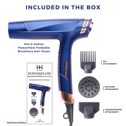 Hot & Hotter Powerflow Foldable Brushless Hair Dryer, 1 Count, Blue
