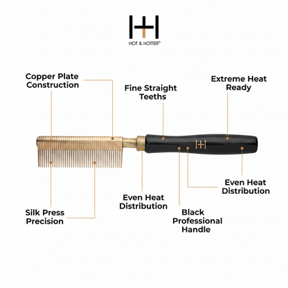 Hot & Hotter Thermal Straightening Comb Fine Teeth Copper Plate, 1 Count, Black & Gold