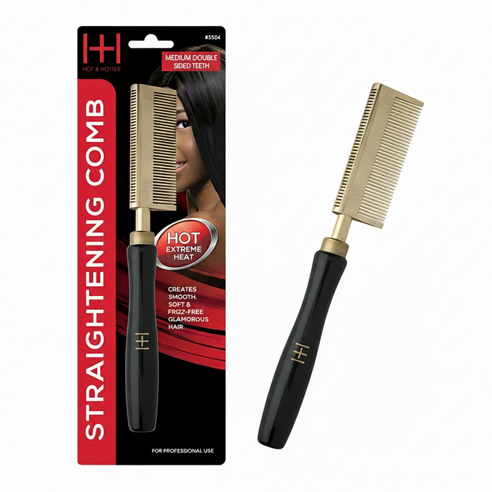 Hot & Hotter Thermal Straightening Comb Medium Teeth Curved, 1 Count, Black & Gold