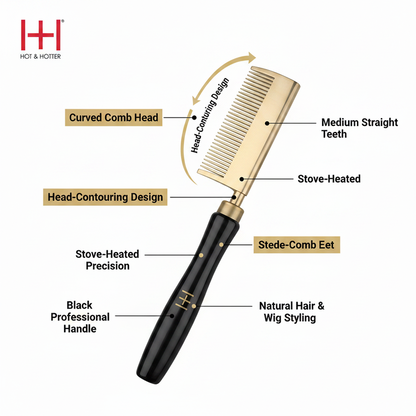 Hot & Hotter Thermal Straightening Comb Medium Teeth Curved, 1 Count, Black & Gold