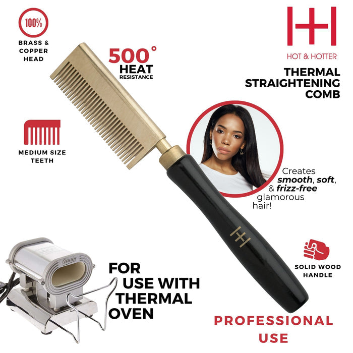 Hot & Hotter Thermal Straightening Comb Medium Teeth Straight, 1 Count, Black & Gold