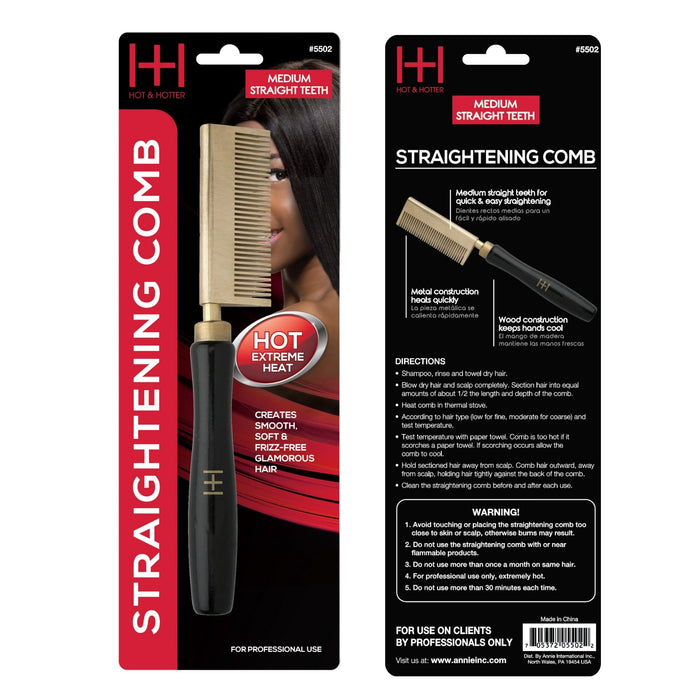 Hot & Hotter Thermal Straightening Comb Medium Teeth Straight, 1 Count, Black & Gold