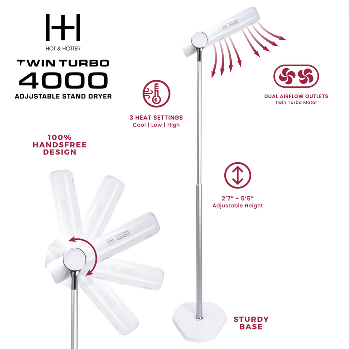 Hot & Hotter Twin Turbo 4000 Adjustable Handsfree Stand Dryer, 1 Count, White