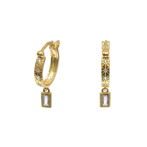 Huggie with Hanging Clear CZ - Sterling Silver with Gold Plating