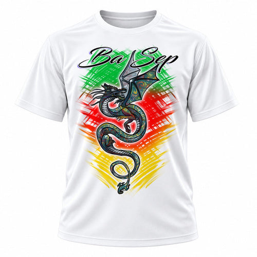 Personalized Chinese Dragon T-Shirt, front-view T-shirt mockup featuring custom Air-Volution artwork by Mythic Airbrush