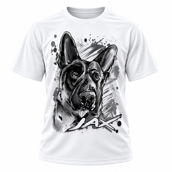 Personalized German Shepherd T-Shirt, front-view T-shirt mockup featuring custom Air-Volution artwork by Mythic Airbrush