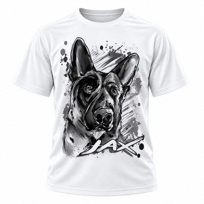 Personalized German Shepherd T-Shirt, front-view T-shirt mockup featuring custom Air-Volution artwork by Mythic Airbrush
