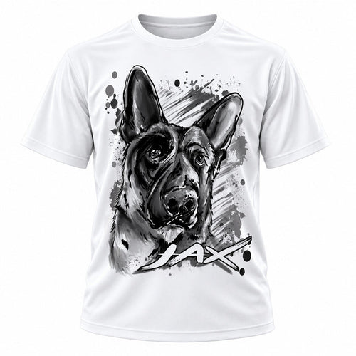 Personalized German Shepherd T-Shirt, front-view T-shirt mockup featuring custom Air-Volution artwork by Mythic Airbrush