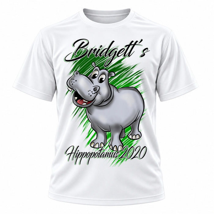 Personalized Cartoon Hippo T-Shirt, front-view T-shirt mockup featuring custom Air-Volution artwork by Mythic Airbrush