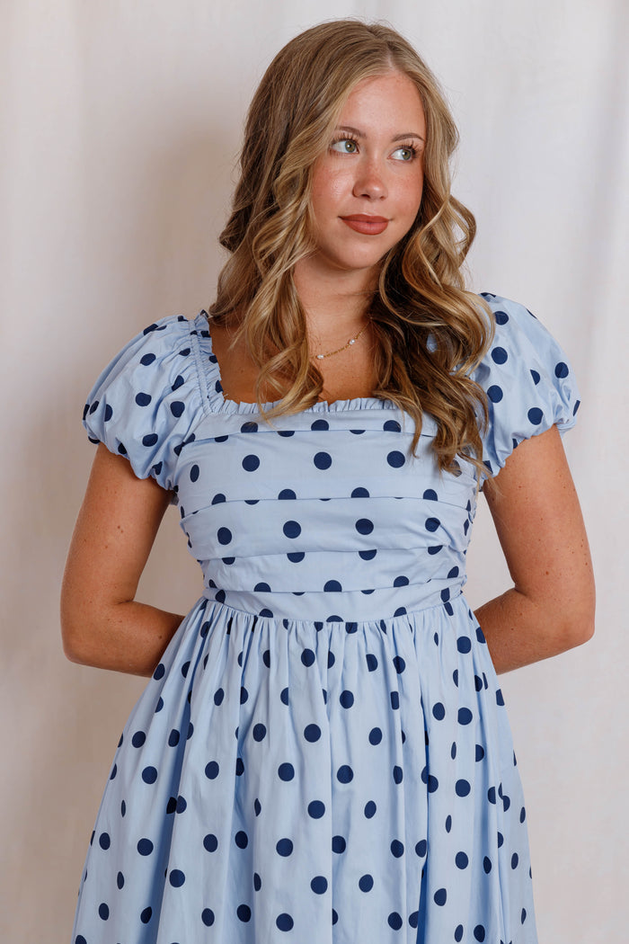 Blue and Navy Polka Dot Midi Dress - Women's Square Neck Puff Sleeve Cotton Dress