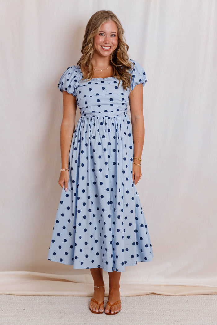 Blue and Navy Polka Dot Midi Dress - Women's Square Neck Puff Sleeve Cotton Dress