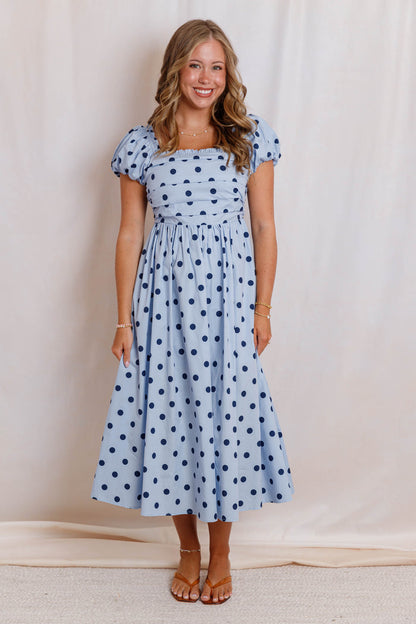 Blue and Navy Polka Dot Midi Dress - Women's Square Neck Puff Sleeve Cotton Dress