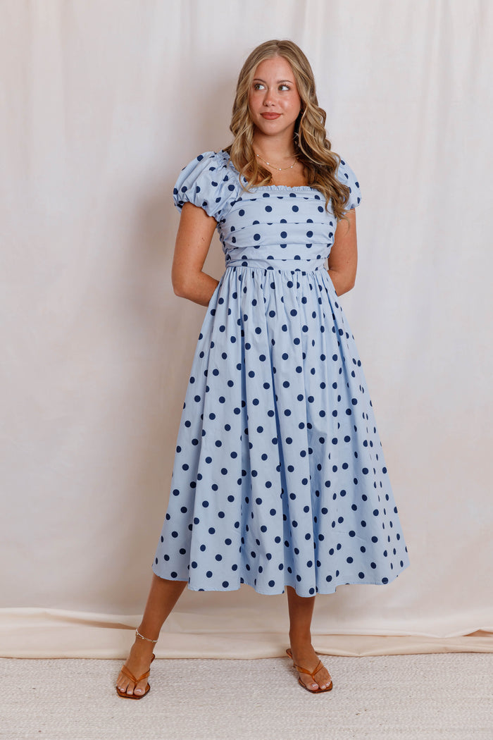 Blue and Navy Polka Dot Midi Dress - Women's Square Neck Puff Sleeve Cotton Dress