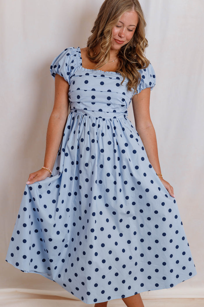 Blue and Navy Polka Dot Midi Dress - Women's Square Neck Puff Sleeve Cotton Dress