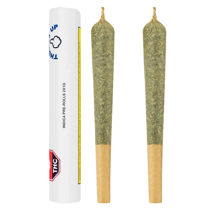 Front-facing image of two cone-shaped pre-rolls beside a white tube labeled Indica PR 1 x 2 g against a plain background.