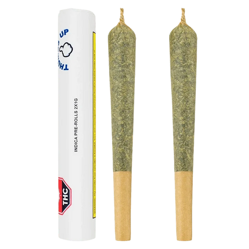Front-facing image of two cone-shaped pre-rolls beside a white tube labeled Indica PR 1 x 2 g against a plain background.