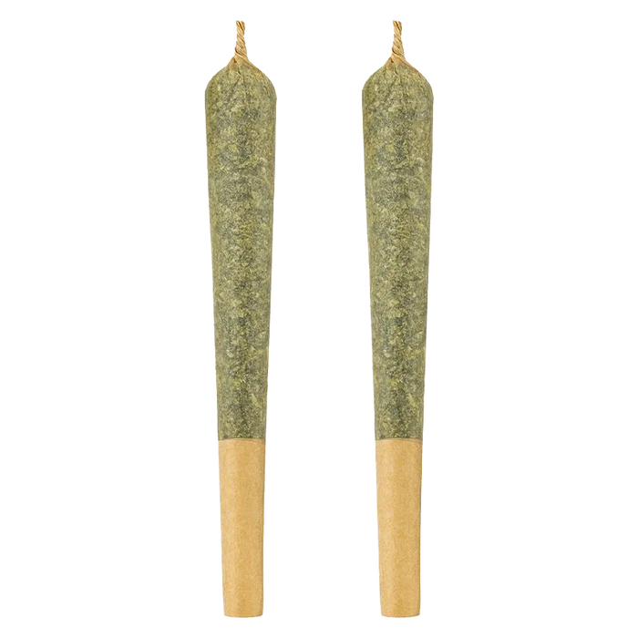 Two vertical pre-rolls photographed front-on against a white background, shown as identical pairs labeled Indica PR 1 x 2 g.