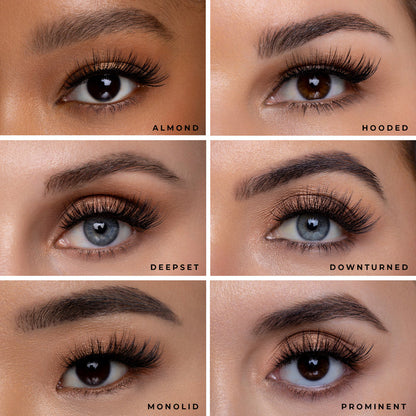 Quad panel showing four lash styles Almond Hooded Deepset and Prominent.