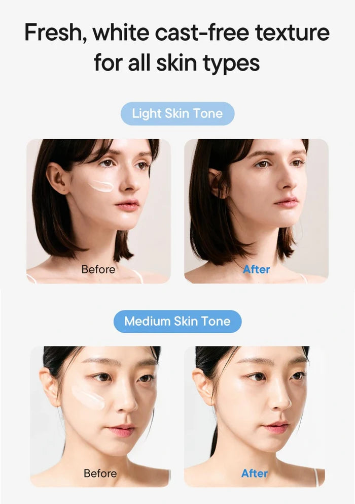 Before and after comparison of a skin texture product on different skin tones.